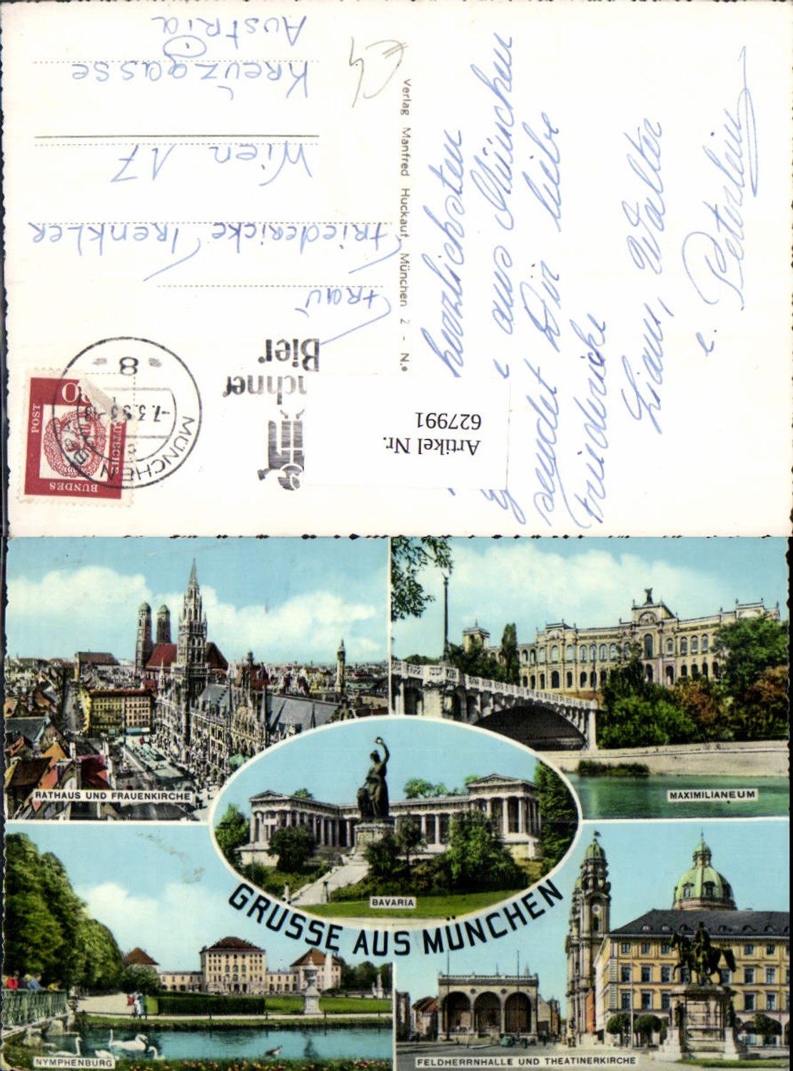 627991, Multi-image postcard Munich City Hall Frauenkirche Maximilianeum Nymphenburg