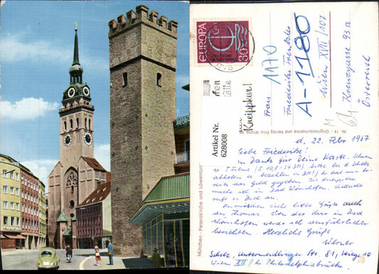 628008,München Peterskirche u. Löwenturm Kirche VW Käfer