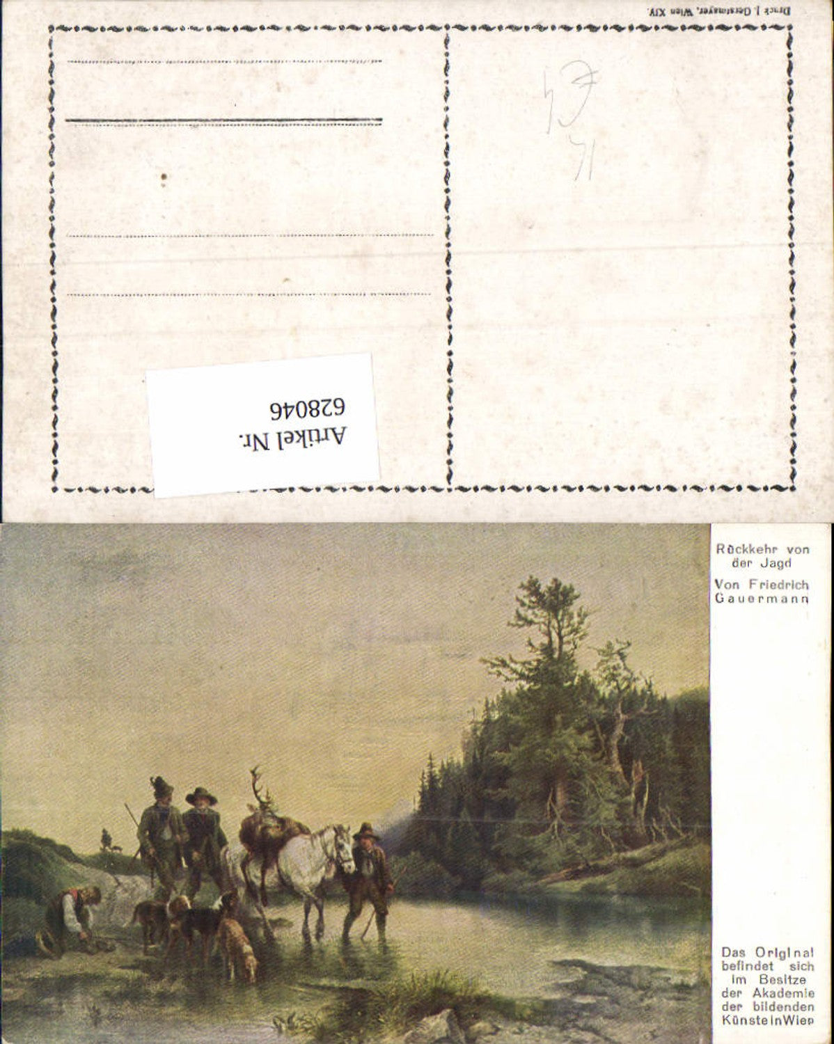 628046,Künstler Ak Friedrich Gauermann Rückkehr v. d. Jagd Hirsch Hunde Jäger