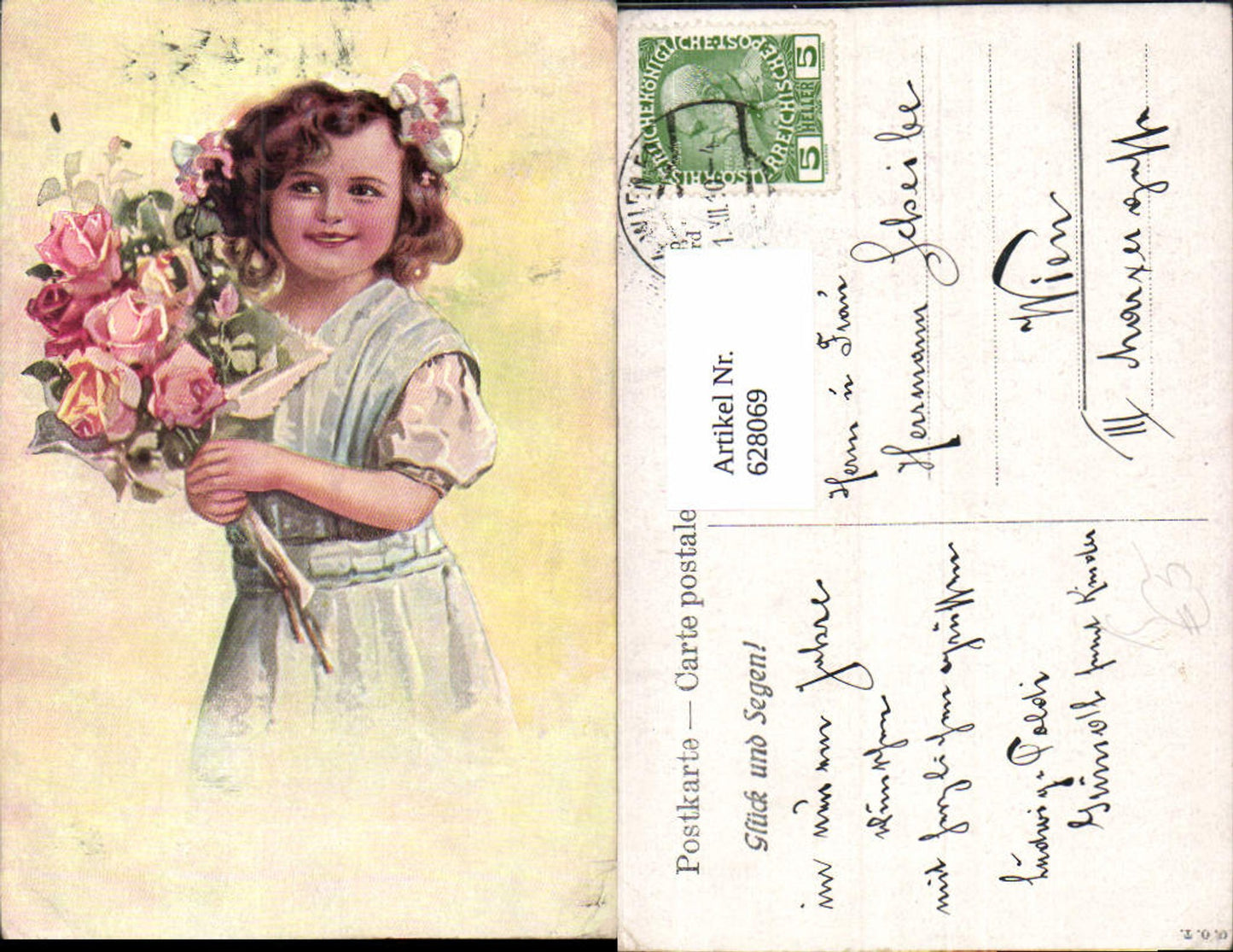 628069,Künstler Ak Mädchen m. Blumenstrauß Blumen Haarschleife