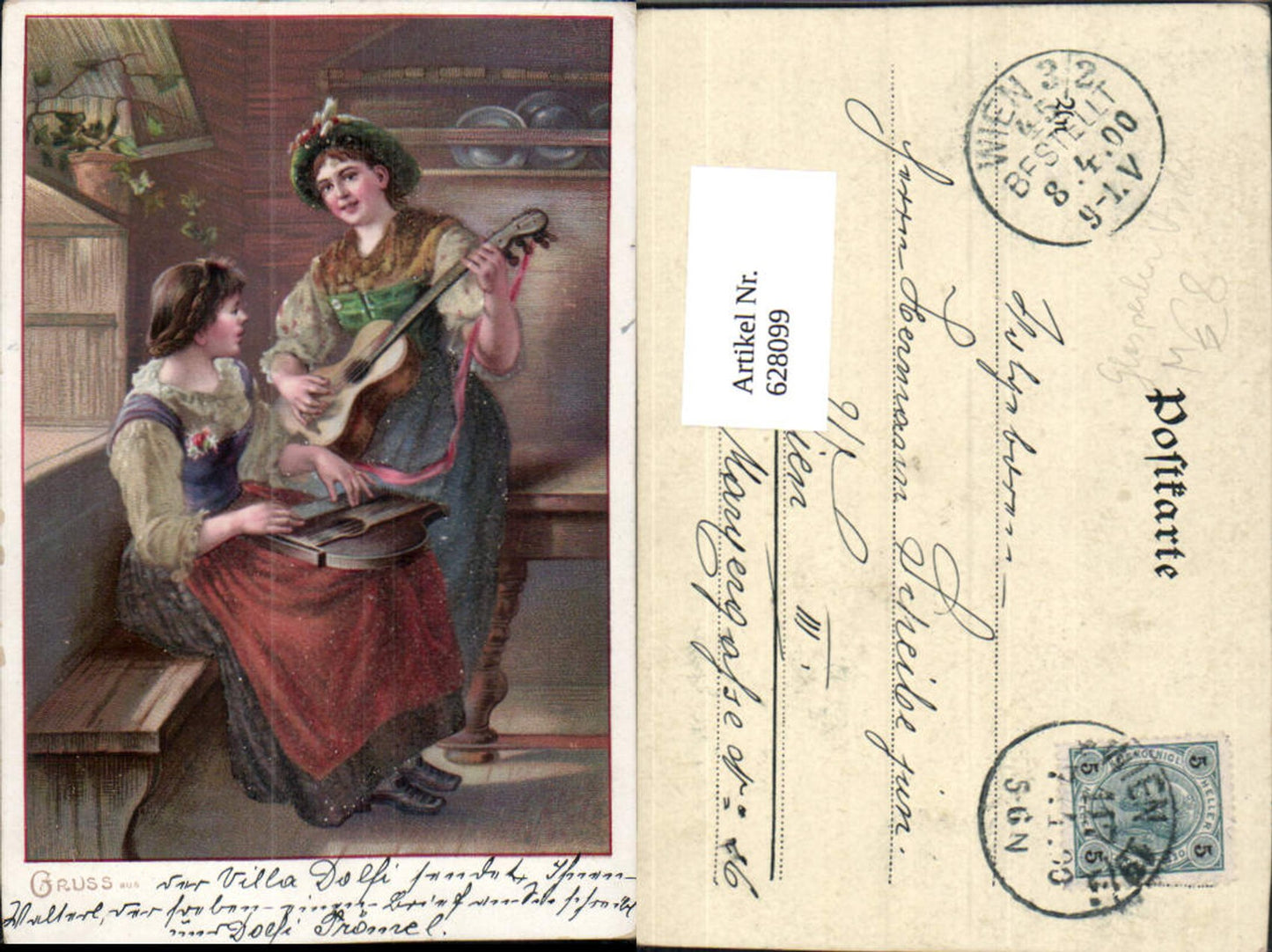 628099,Künstler Ak Material Glasperlen Applikation Frauen Tracht Musik Gitarre