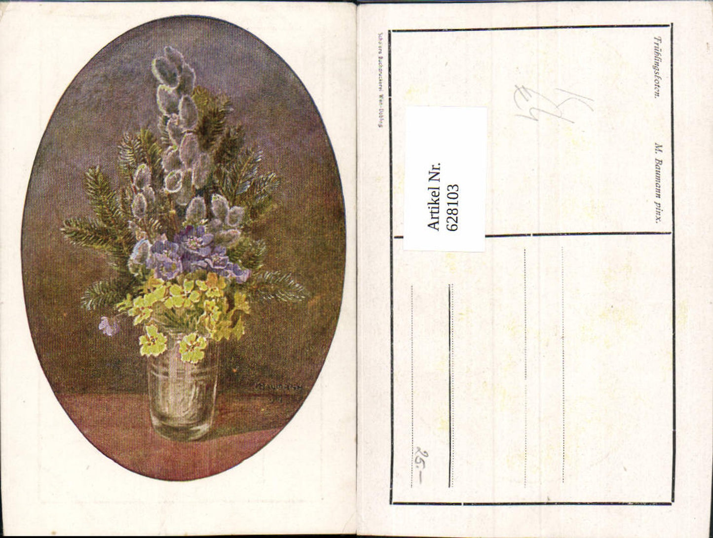 628103,Künstler Ak M. Baumann Frühlingsboten Blumen Vase Palmkätzchen Passepartout