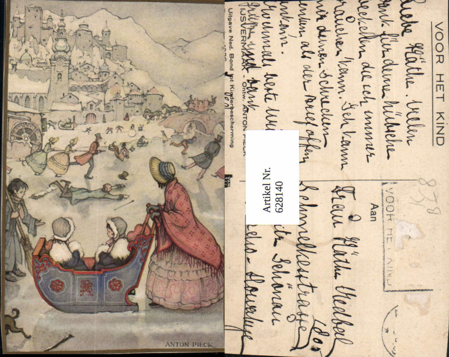 628140,Künstler Ak Anton Pieck Ijsvermaak Eislaufen Schlittschulaufen Schlitten a. Eis