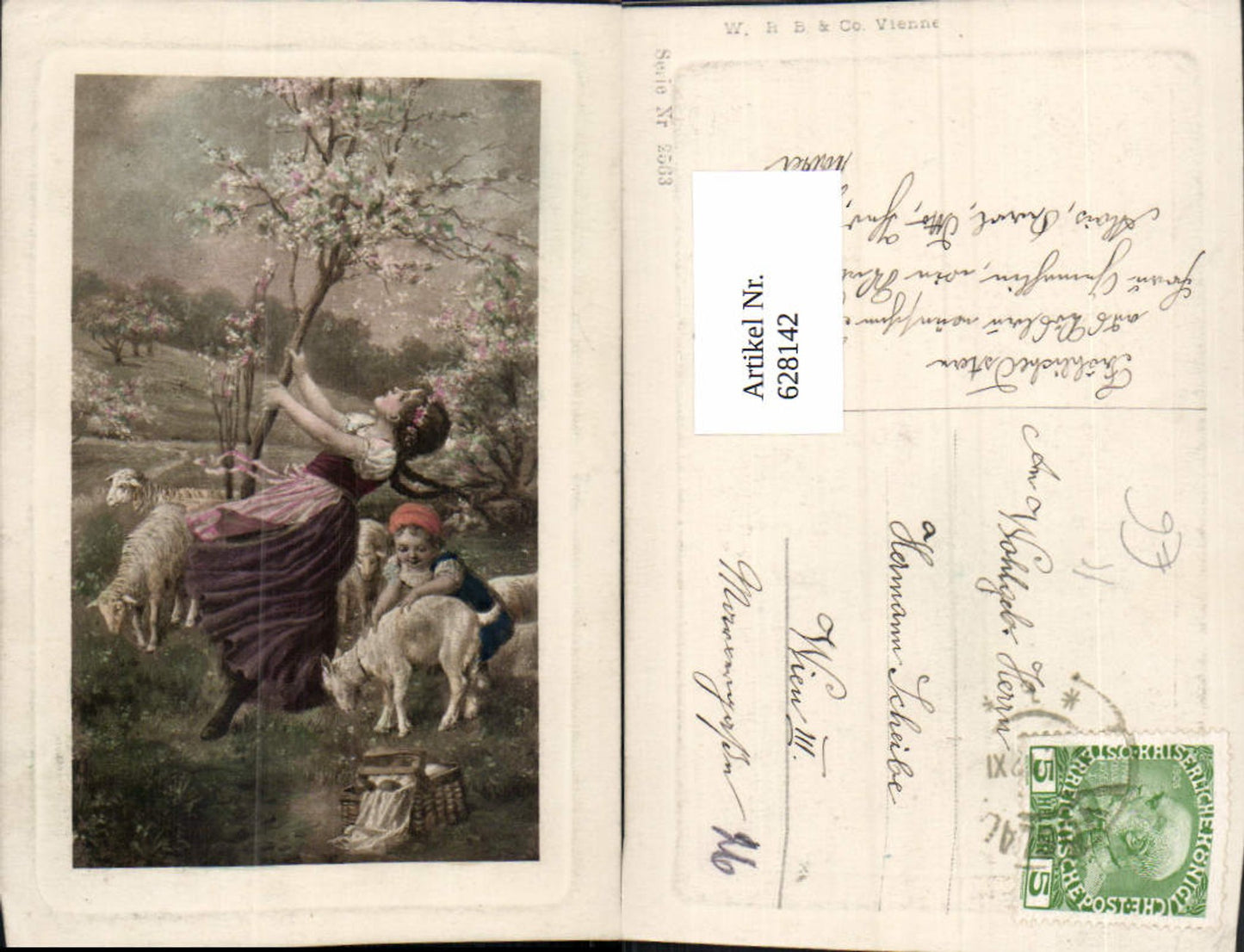 628142,Künstler Ak Mädchen m. Schafe Lämmer Baumblüte Korb Ostern