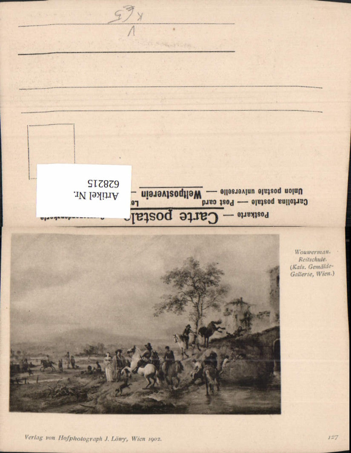 628215,Künstler Ak Wouwerman Reitschule Pferde pub J. Löwy 127