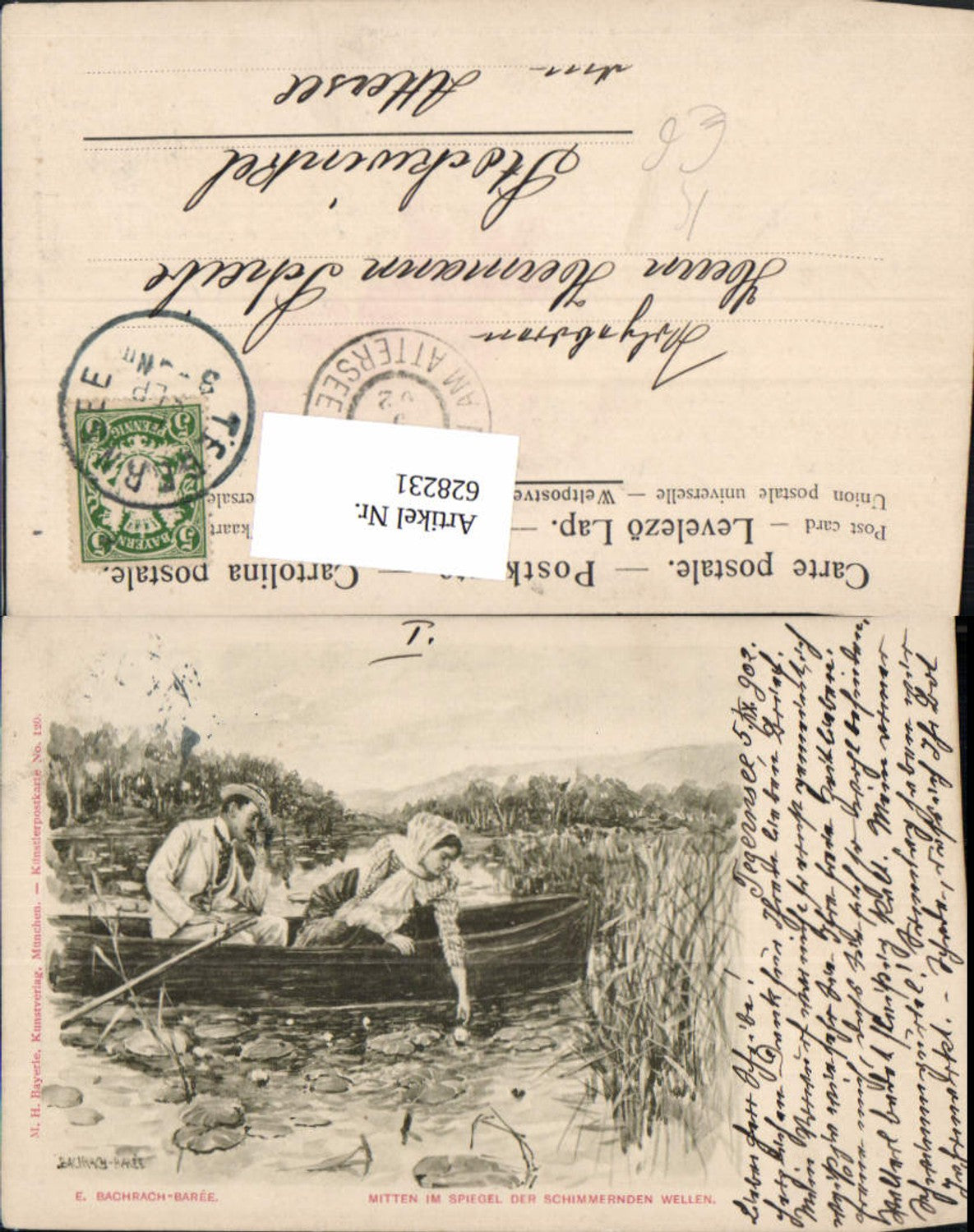 628231,Künstler Ak E. Bachrach-Baree Mitten im Spiegel d. Schimmernden Wellen Paar Boot Liebe