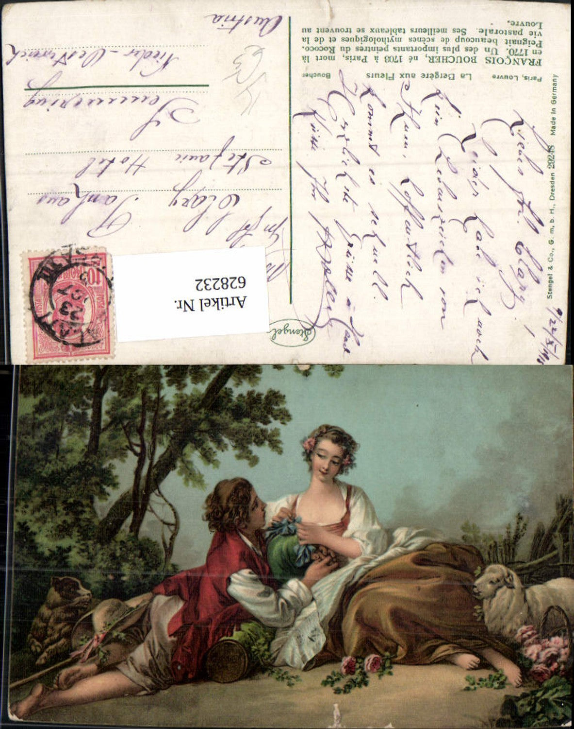 628232,Künstler Ak Francois Boucher La Bergere aux Fleurs Paar Liebe Schaf Hund pub Stengel Co 29248