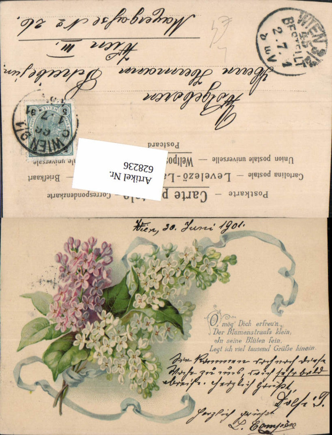 628236,Künstler Litho Blumen Flieder Zweig Spruch Text