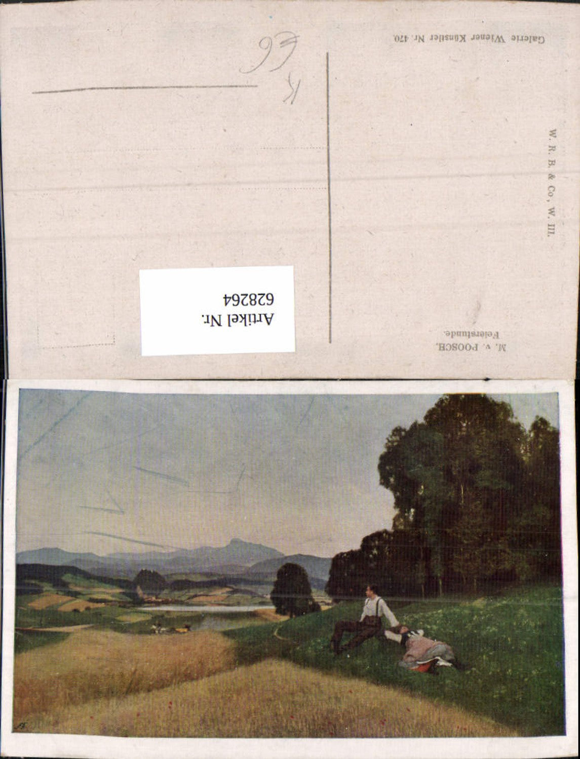 628264,Künstler Ak M. v. Poosch Feierstunde Paar Wiese Landschaft