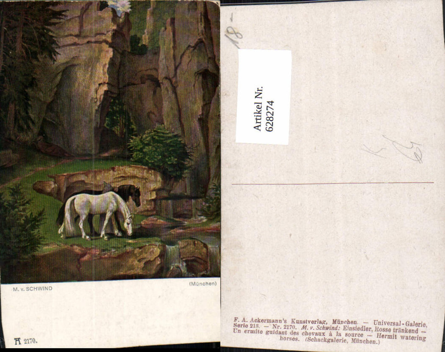 628274,Künstler Ak M. v. Schwind Einsiedler Rosse tränkend Pferde pub F. A. Ackermann 213/2170