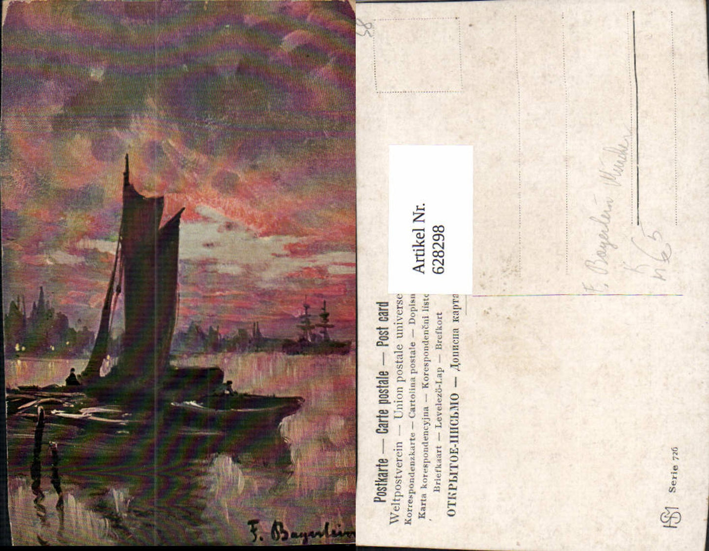 628298,Künstler Ak F. Bayerlein Segelboot Schiff Landschaft