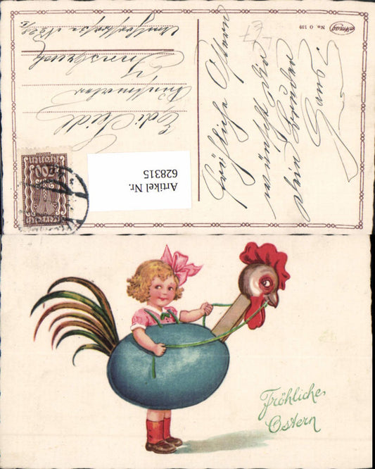 628315,Litho Ostern Mädchen m. Hahnkostüm Hahn Huhn