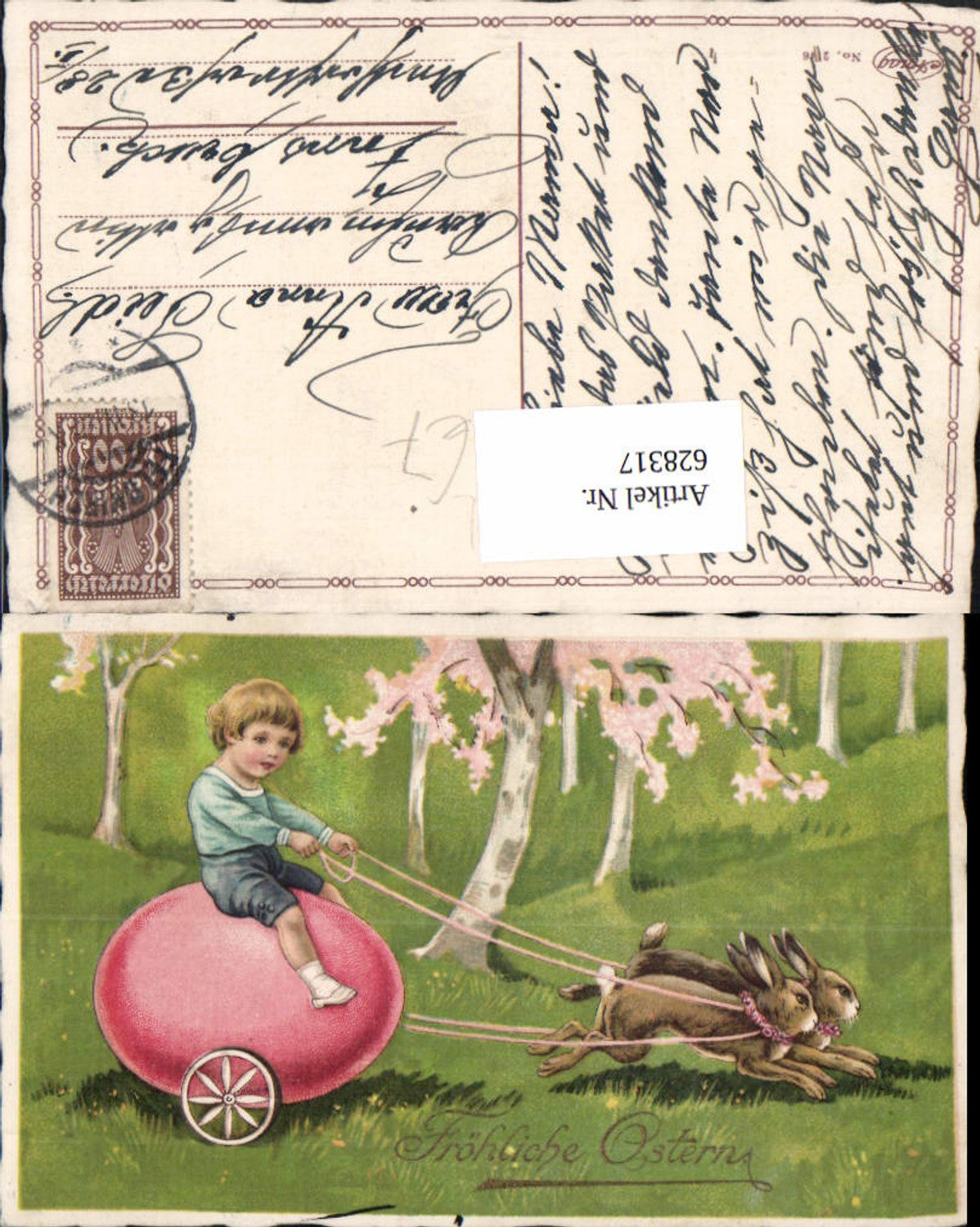 628317,Litho Ostern Bub Junge Eierkutsche Hasen Ei