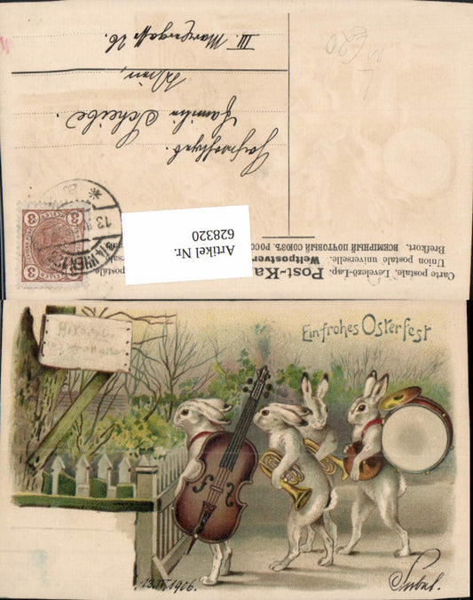 628320,Litho Vermenschlichte Hasen Trommel Trompete Ostern