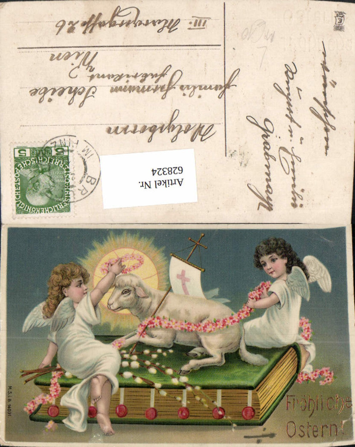 628324,Ostern Engel m. Osterlamm Gonfanon Bibel Blumenkette