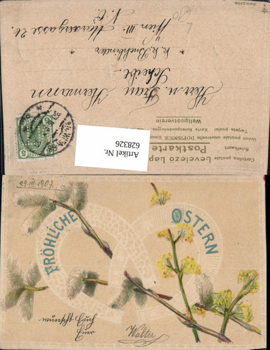 628326,Präge Litho Hufeisen Palmkätzchenzweig Blumen Ostern
