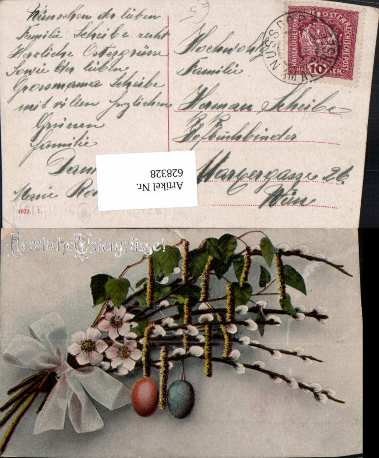 628328,Palmkätzchenzweige Ostereier Schleife Blumen Ostern