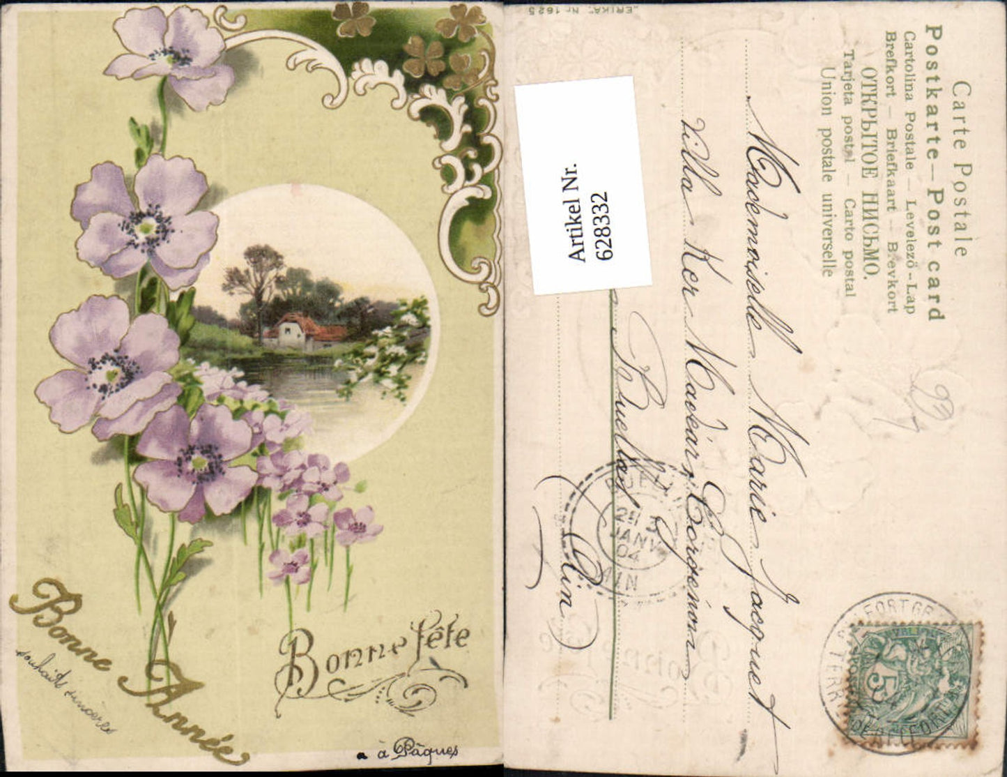 628332,Präge Litho Neujahr Bonne Annee Haus Landschaft Blumen Passepartout