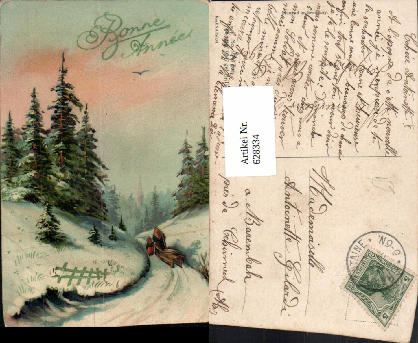 628334,Neujahr Bonne Annee Frau Kind Holzsammeln Winterlandschaft