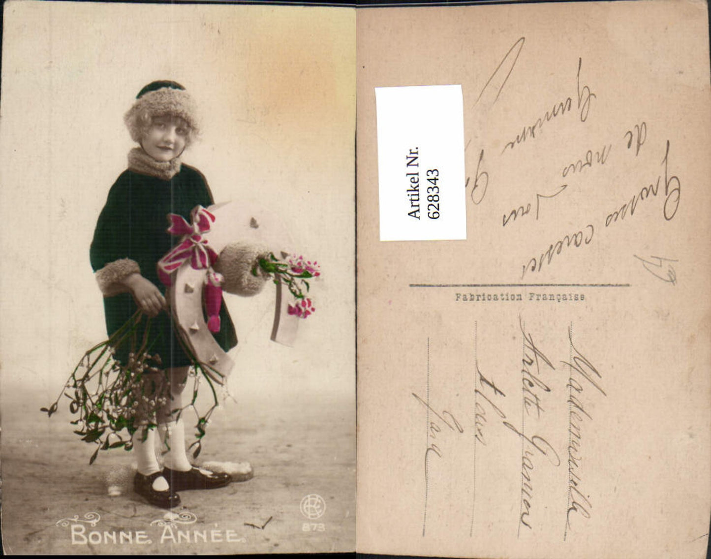 628343,Neujahr Bonne Annee Mädchen Pelzmode Hufeisen Mistelzweig Blumen