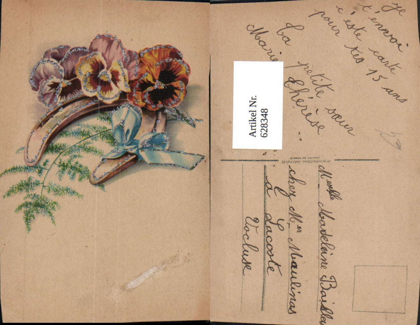 628348,Neujahr Bonne Annee Hufeisen m. Schleife Stiefmütterchen Blumen