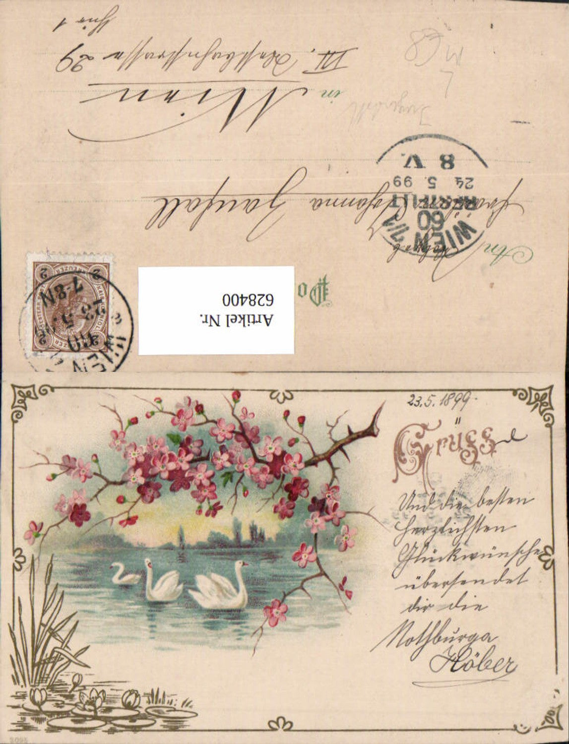 628400,Künstler Litho Jugendstil Schwan Schwäne Blumenzweig Blüten
