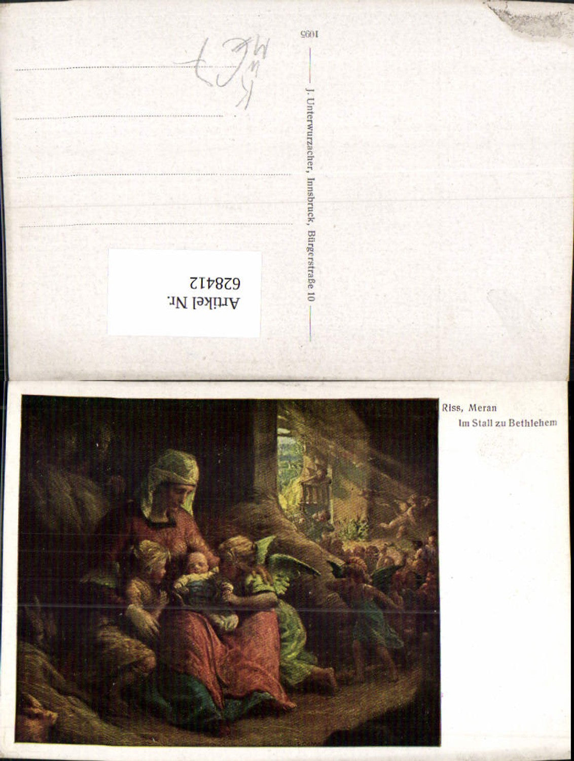 628412,Künstler Ak Riss Meran Im Stall zu Bethlehem Maria m. Jesuskind Engel