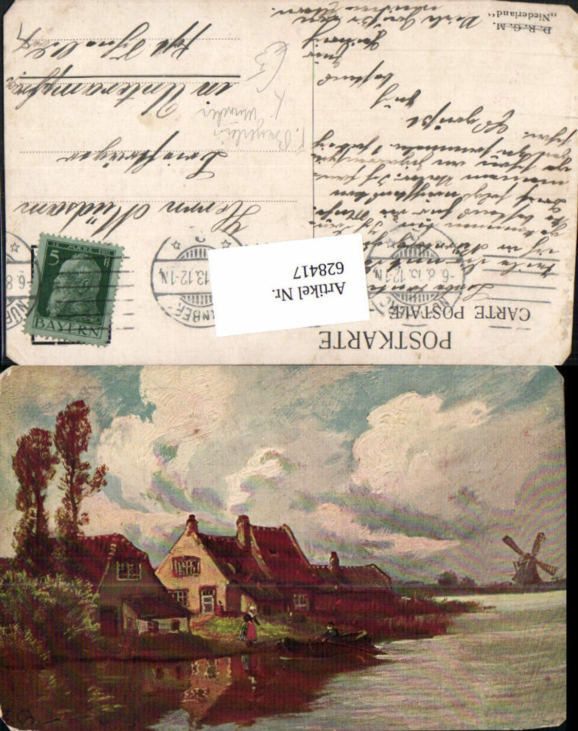 628417,Künstler Ak F. Bayerlein München Paar Ruderboot Windmühle Landschaft Niederlande