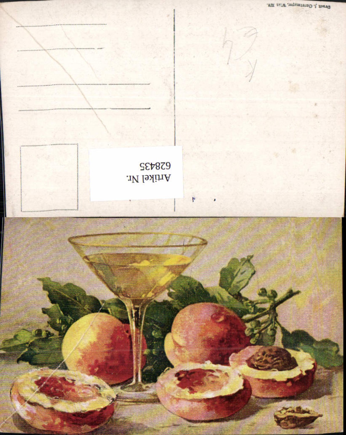 628435,Künstler Ak Stillleben Sektglas Pfirsiche Obst Früchte