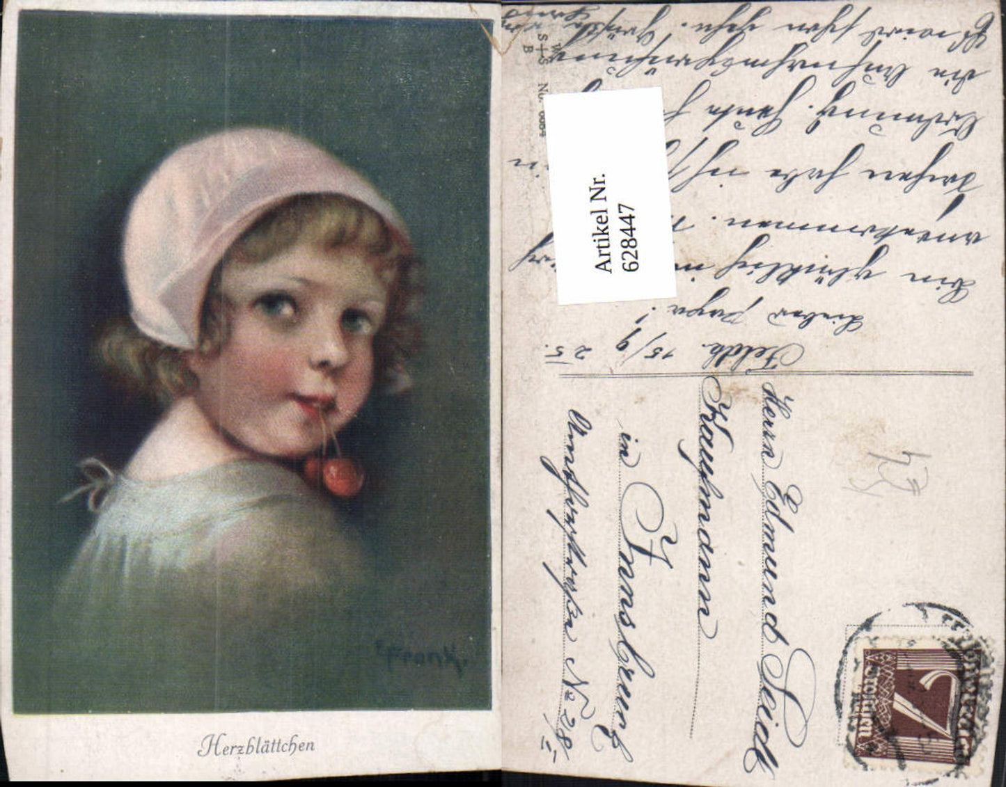 628447,Künstler Ak E. Frank Herzblättchen Mädchen m. Kirche im Mund