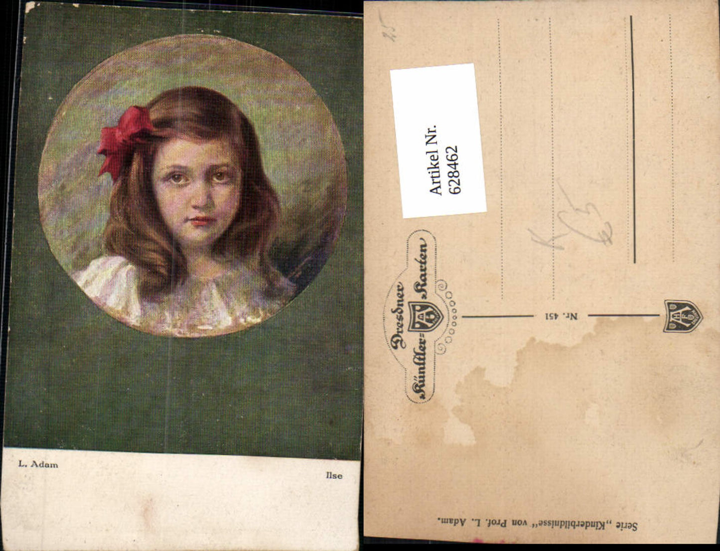 628462,Künstler Ak L. Adam Ilse Mädchen m. Roter Haarschleife Passepartout