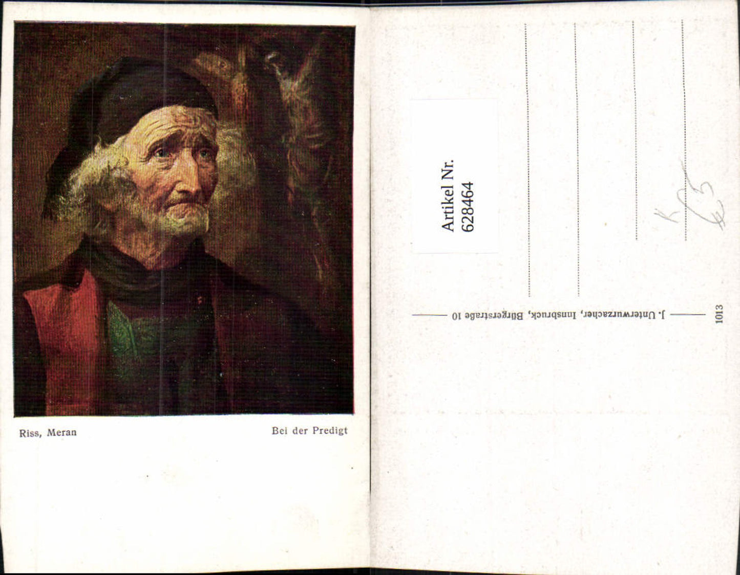 628464,Künstler Ak Riss Meran Bei der Predigt Alter Mann Kreuz