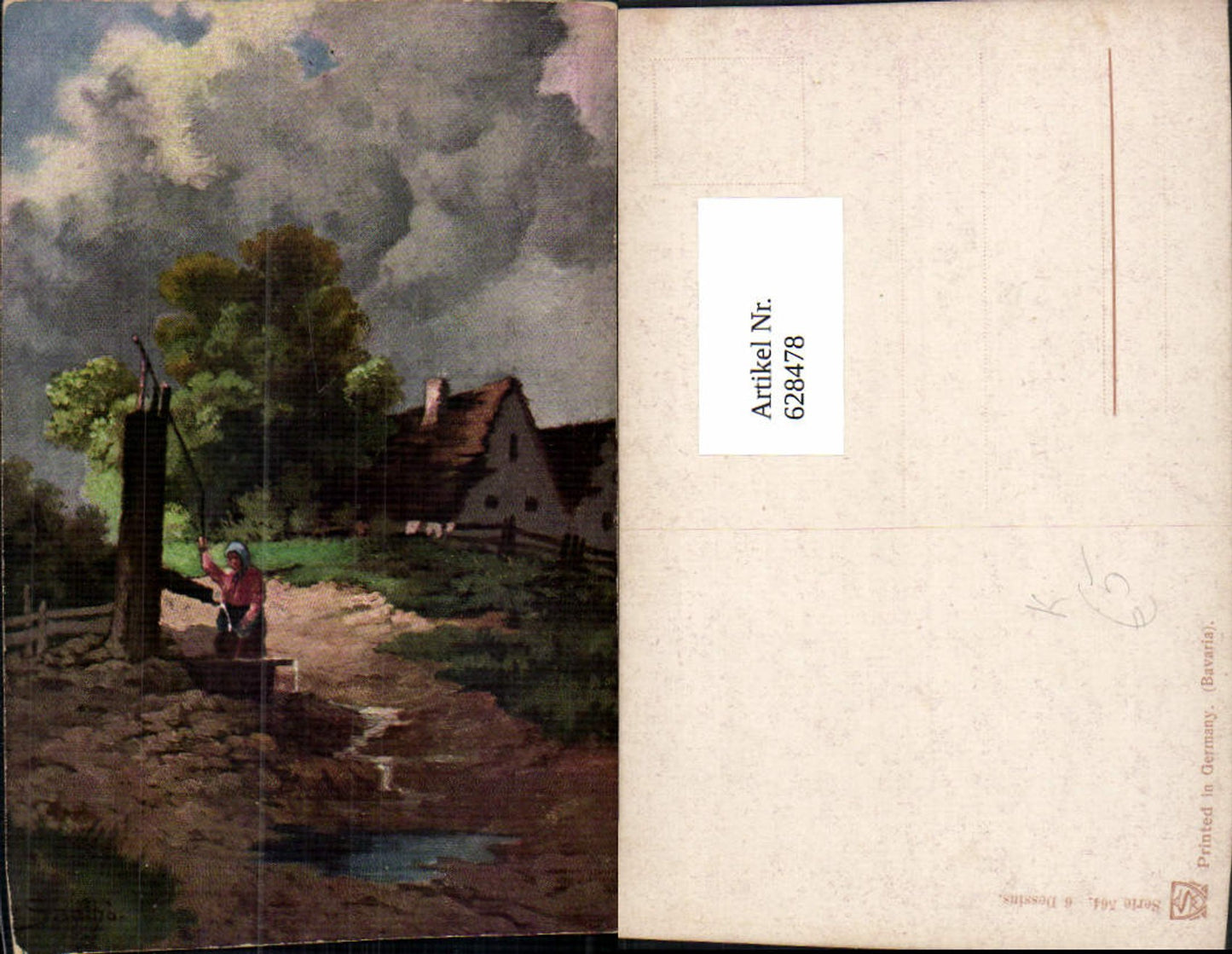 628478,Künstler Ak Santhä Frau a. Brunnen Bavaria Germany Landschaft
