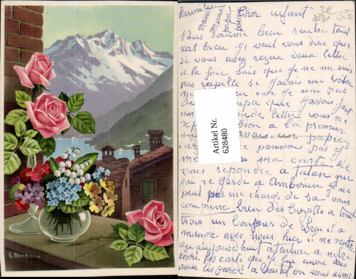 628480,Künstler Ak S. Bonelli Blumenvase Rosen Blumen a. Fenster Bergkulisse