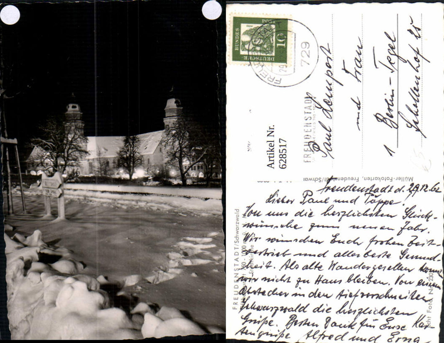 628517,Foto Ak Freudenstadt Schwarzwald Stadtkirche Kirche Winteransicht b. Nacht