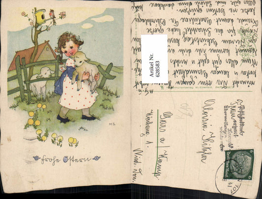628583, Artist Ak Margret Savelsberg Girl with Lamb Chamber Flowers Easter