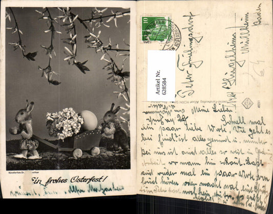 628584, Artist's photograph Schweitzer, anthropomorphized rabbits, egg, flower, wagon, Easter