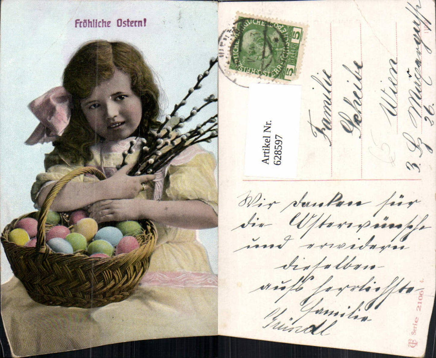 628597, Easter girl basket with colorful eggs and pussy willows