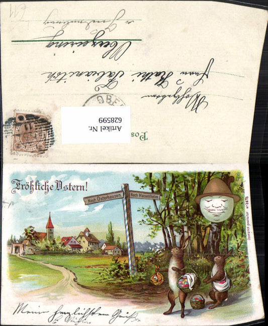 628599, Lithograph of a hare, signpost to Osterhausen, egghead with hat, Easter