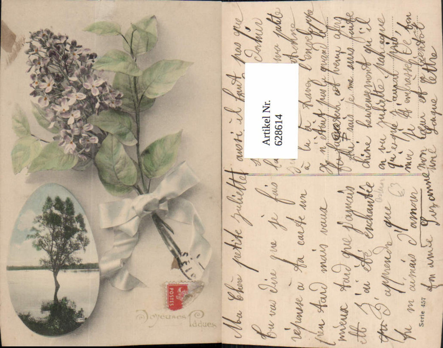 628614,Fotomontage Baum i. Ei Passepartout Fliederzweig m. Schleife Ostern
