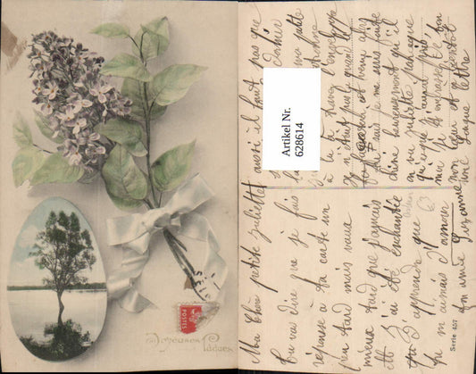 628614,Fotomontage Baum i. Ei Passepartout Fliederzweig m. Schleife Ostern