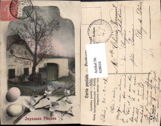 628616,Ostern Bauernhaus Blütenzweig Eier Joyeuses Paques