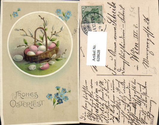628628,Litho Ostern Korb m. Eier Palmkätzchen Passepartout Blumen Vergissmeinnicht