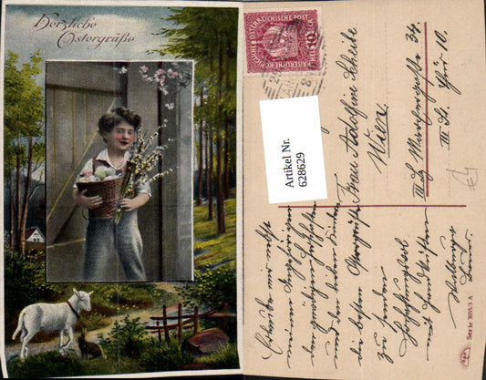 628629,Ostern Bub Junge Korb Eier Palmkätzchen Passepartout Lamm Hase Landschaft