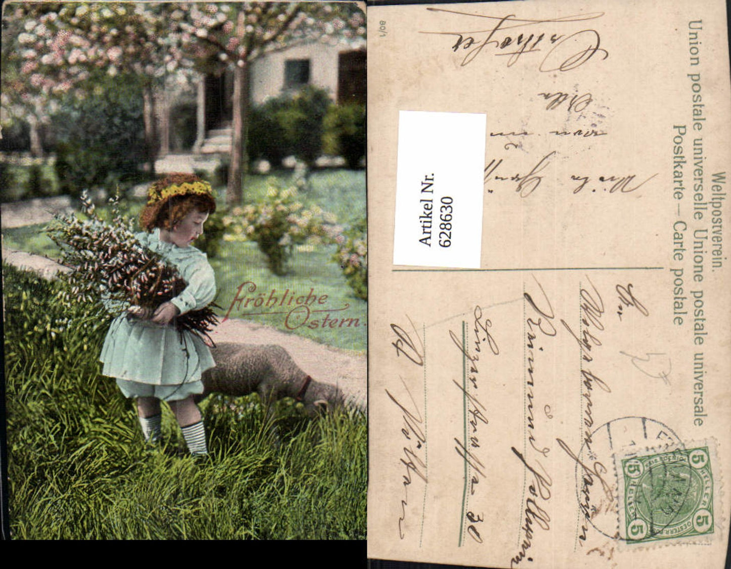 628630,Ostern Mädchen m. Palmkätzchen Lamm Blumenkranz i. Haar