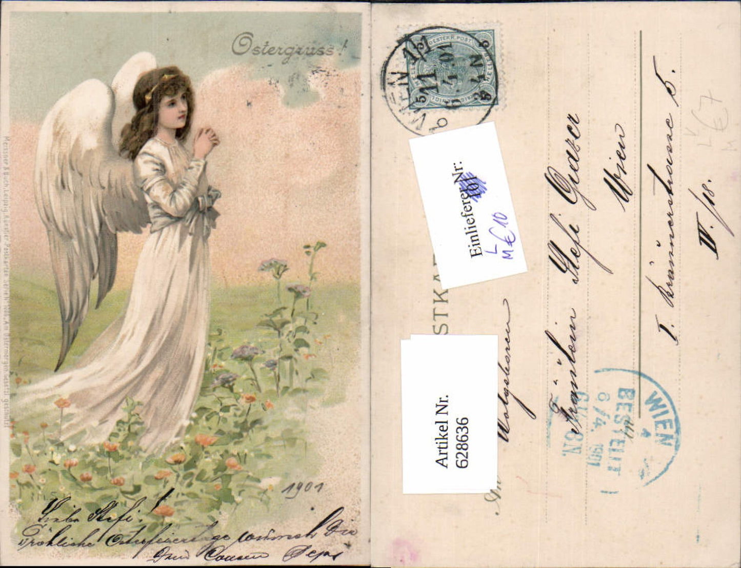 628636,Litho Easter Angel Praying Hands Flower Meadow