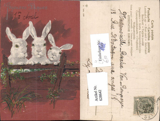 628642, Embossed Lithograph Rabbits Behind Fence Easter Joyeuses Paques Glitter Decoration
