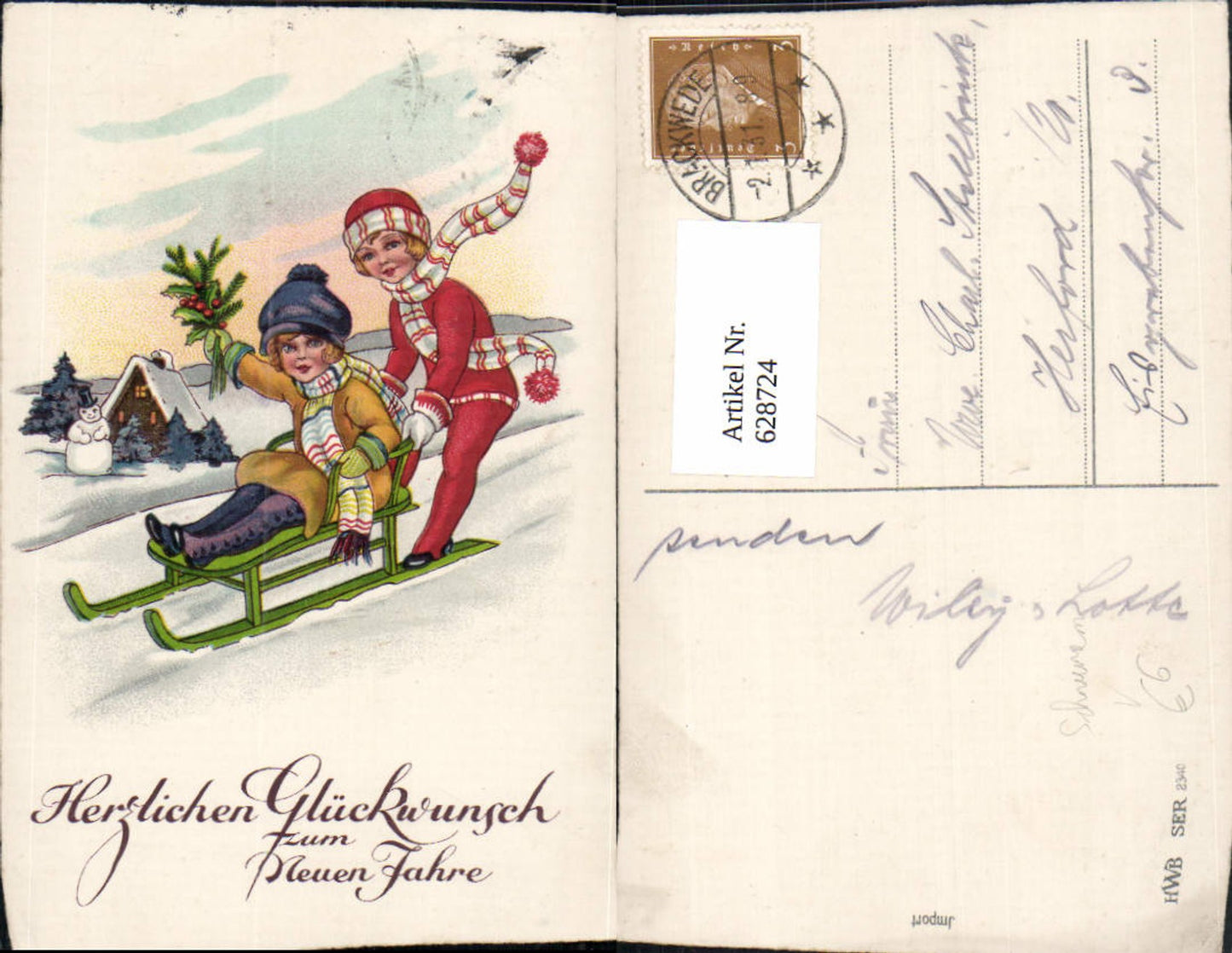 628724,Neujahr Kinder auf Schlitten Rodel Schneemann Winterlandschaft pub HWB 2340