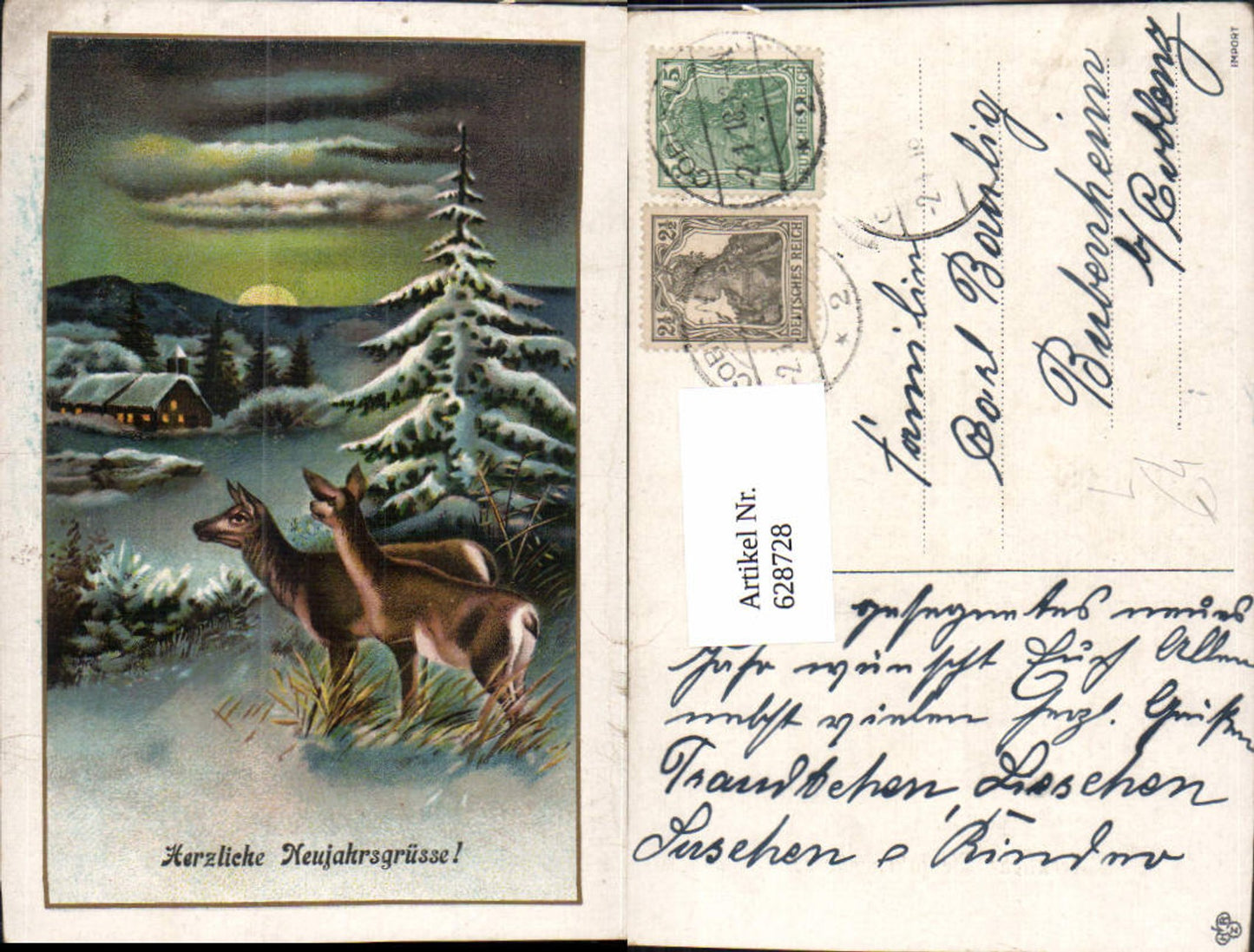 628728,Litho Neujahr Wild Rehe Kirche Winterlandschaft b. Mond Mondschein