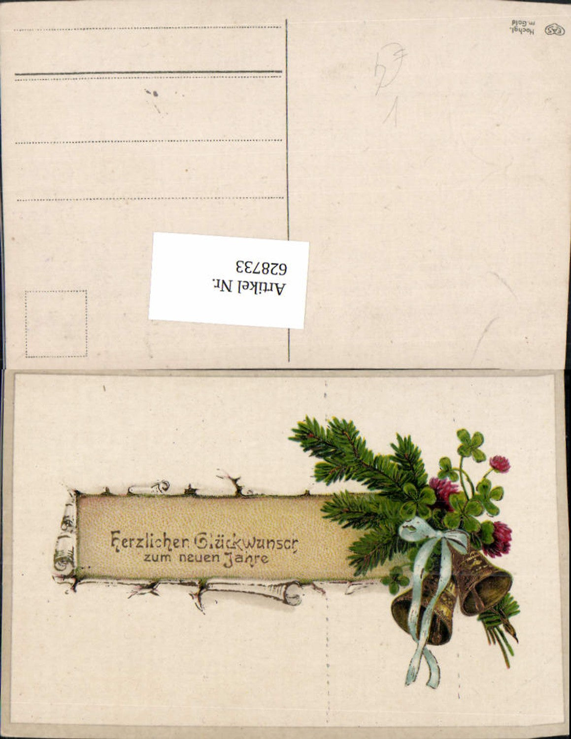 628733,Neujahr Papierrolle Tannenzweig Glocken Schleife Klee Kleeblüten pub EAS